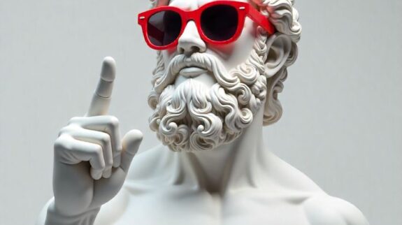 Greek god statue in red sunglasses