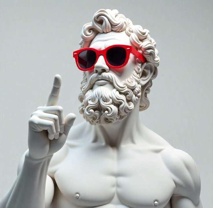 Greek god statue in red sunglasses